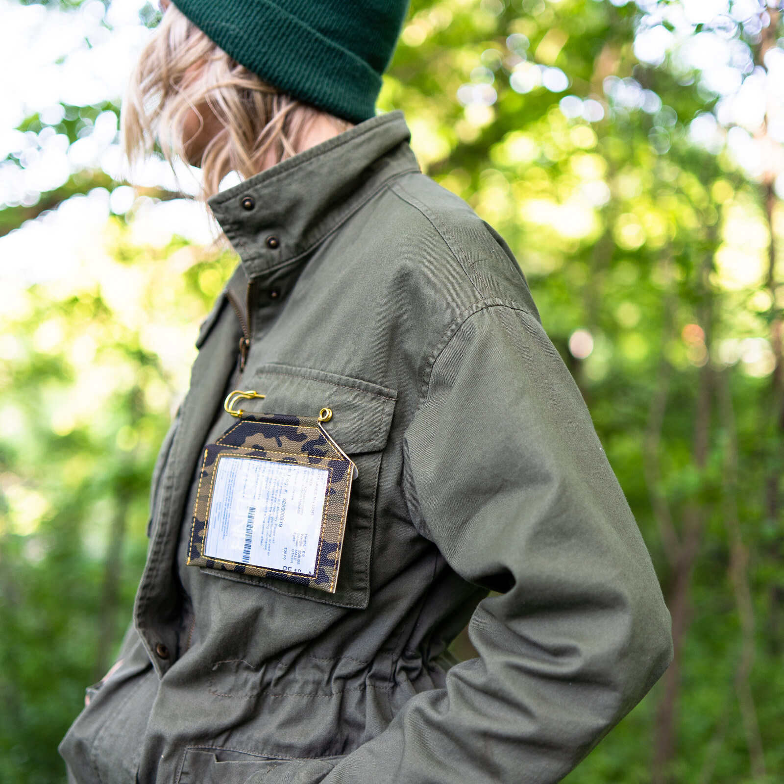 Premium License Holder, Woodland Camo in use
